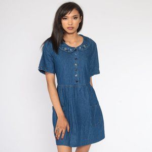 Vintage Bobbie Brooks 90's Denim Floral Embroidered Peter Pan Collar Mini Dress